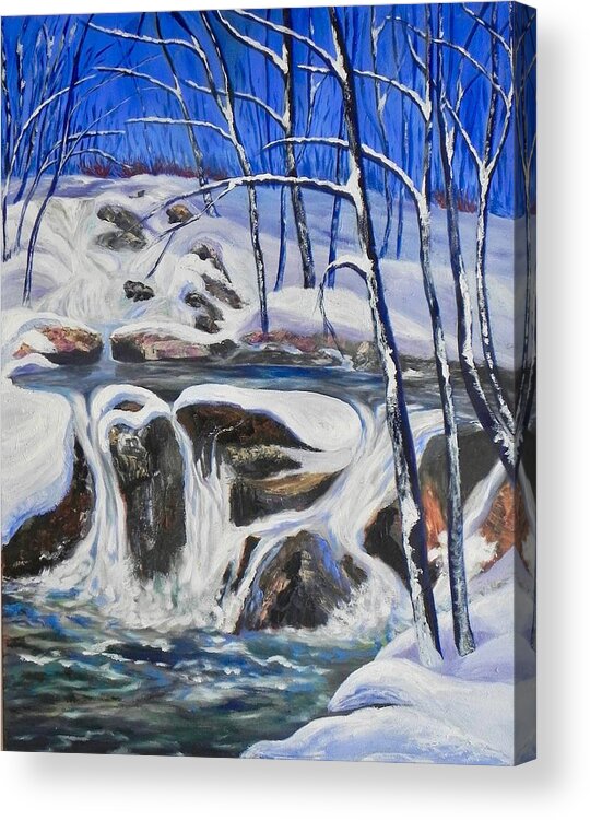Waterfall Acrylic Print featuring the painting Winter Waterfall by Erika Dick