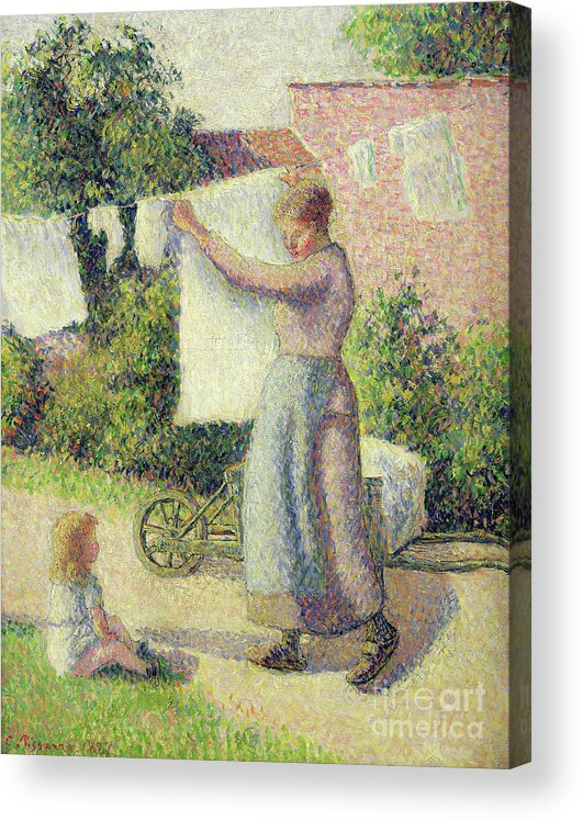 Pissarro Acrylic Print featuring the painting Woman Hanging Laundry by Camille Pissarro