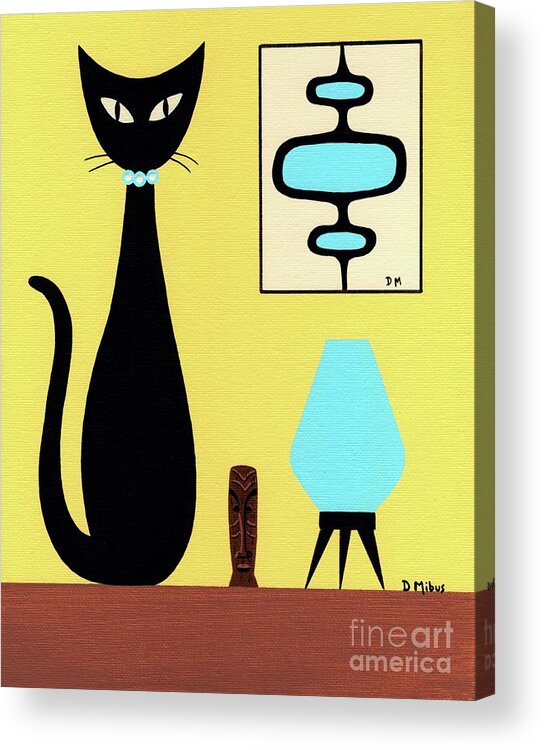 Mid Century Modern Black Cat Acrylic Print featuring the painting Yellow Tabletop Cat Beehive Lamp by Donna Mibus