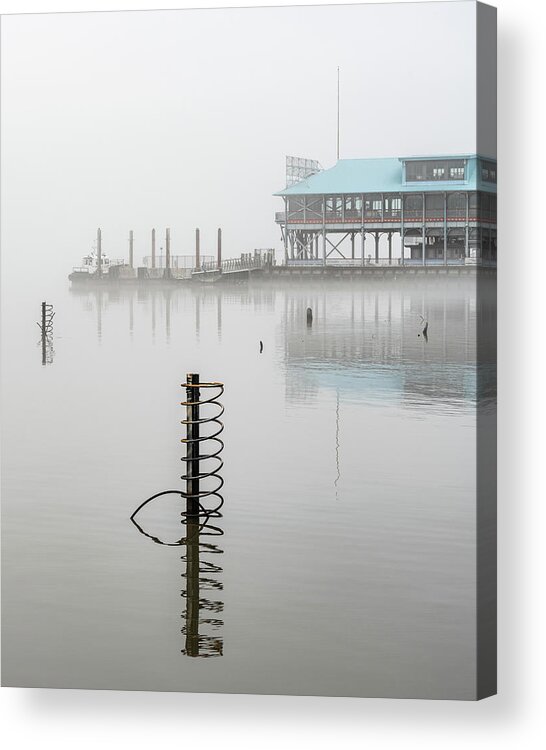Hudson River Acrylic Print featuring the photograph Yonkers Pier in Thick Fog by Kevin Suttlehan