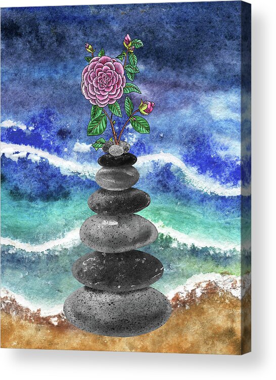 Zen Rocks Acrylic Print featuring the painting Zen Rocks Cairn Meditative Tower Pink Camellia Flower Watercolor by Irina Sztukowski