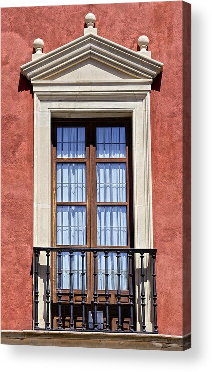 Arch Acrylic Print featuring the photograph Brown Wood Window against a Red Textured Wall by David Letts