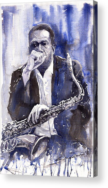 Jazz Acrylic Print featuring the painting Jazz Saxophonist John Coltrane blue by Yuriy Shevchuk
