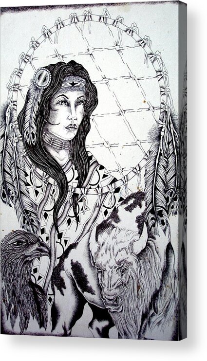 Nature Acrylic Print featuring the drawing Moonstruck Feather Woman by Kicking Bear Productions