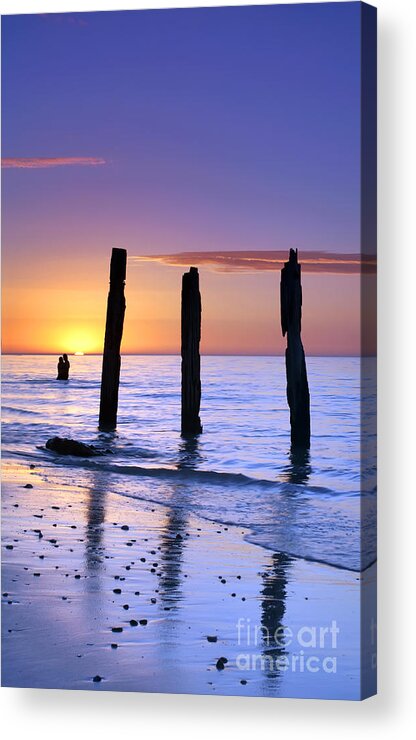 Sunset Jetty Ruin Pylons Beach Posts Port Willunga South Australia Seascape Australian Acrylic Print featuring the photograph Sunset Romance by Bill Robinson