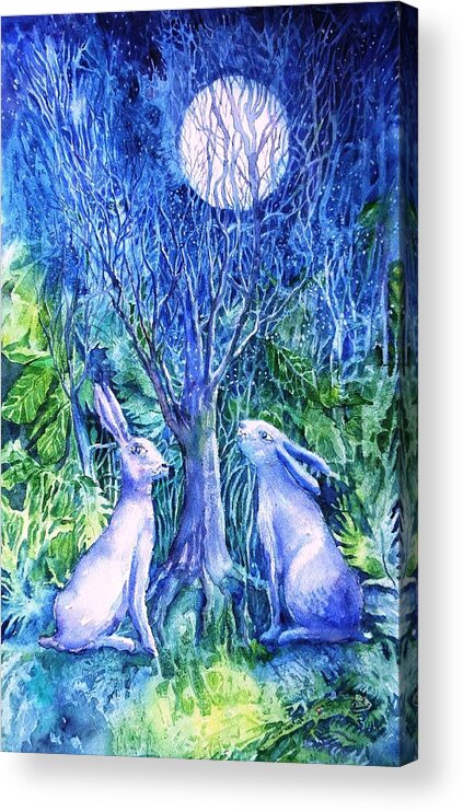 Winter Acrylic Print featuring the painting Winter Descends as Two Hares Contemplate an Owl by Moonlight by Trudi Doyle