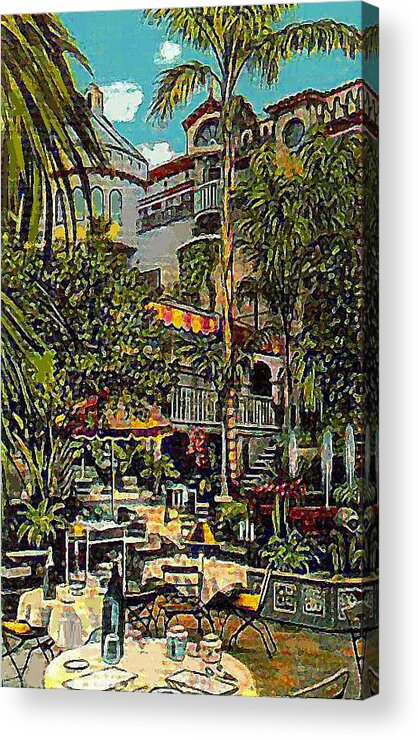 Riverside Ca Acrylic Print featuring the painting The Spanish Patio Of The Mission Inn In Riverside Ca 1939 by Dwight Goss
