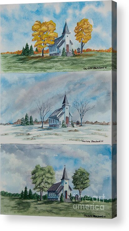 Country Summer Acrylic Print featuring the painting A Church For All Seasons by Charlotte Blanchard