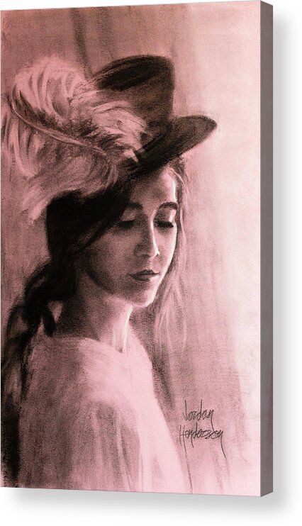 Woman Acrylic Print featuring the drawing A Feather in Her Hat by Jordan Henderson