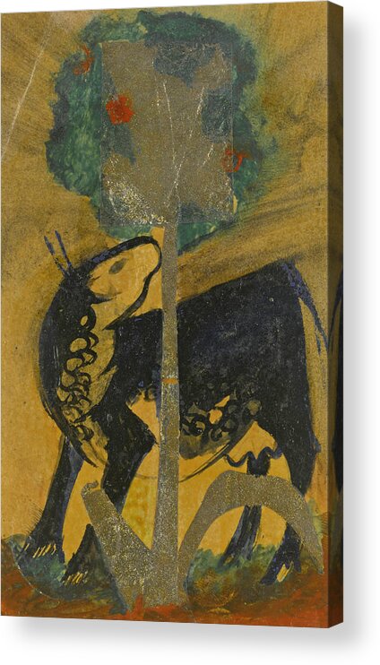 Franz Marc Acrylic Print featuring the drawing Black Cow behind Tree by Franz Marc