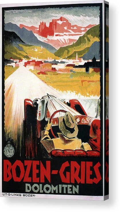 Car Acrylic Print featuring the mixed media Bozen-Gries - Dolomiten - Bolzano-Gries - Retro travel Poster - Vintage Poster by Studio Grafiikka