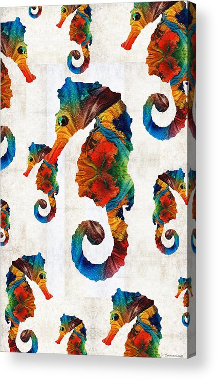 Seahorse Acrylic Print featuring the painting Colorful Seahorse Collage Art by Sharon Cummings by Sharon Cummings