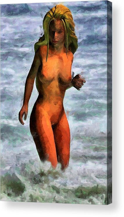 Woman Jumping Waves Acrylic Print featuring the digital art Genie Jumping Waves by Caito Junqueira
