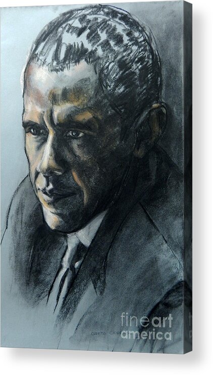 Charcoal Portrait Of President Obama Acrylic Print featuring the painting Charcoal Portrait of President Obama by Greta Corens