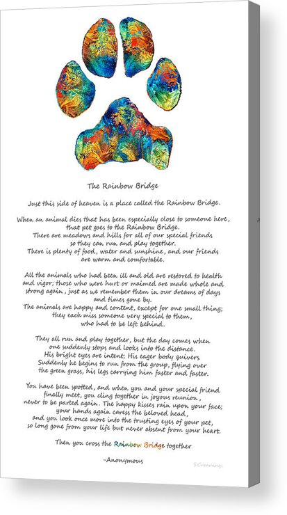 Rainbow Bridge Acrylic Print featuring the painting Rainbow Bridge Poem With Colorful Paw Print by Sharon Cummings by Sharon Cummings