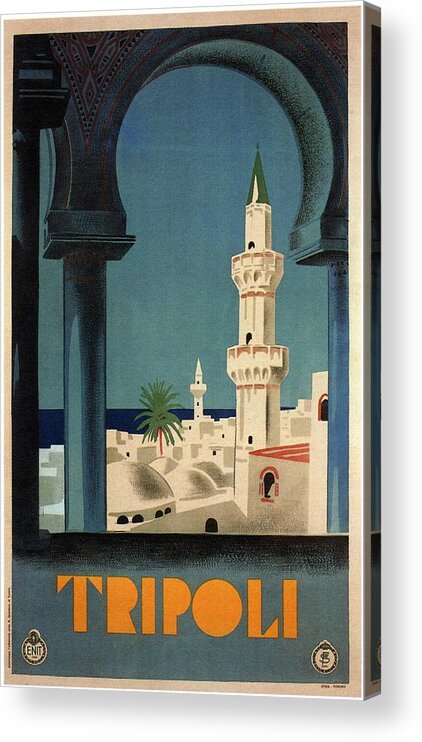 Tripoli Acrylic Print featuring the mixed media Tripoli, Libya - View of Mosque - Retro travel Poster - Vintage Poster by Studio Grafiikka