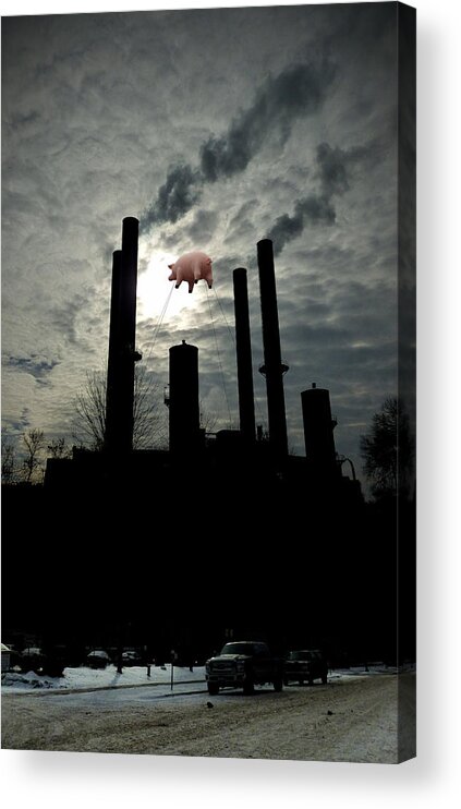 Pig Acrylic Print featuring the photograph Winter Smokestacks With Pig by Tim Nyberg