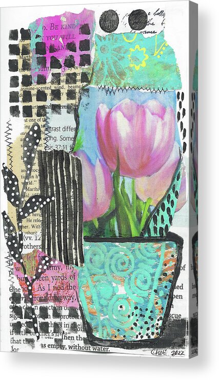 Mixed Media Acrylic Print featuring the mixed media Pink Tulips Mixed Media Collage Original by Cheri Wollenberg by Cheri Wollenberg