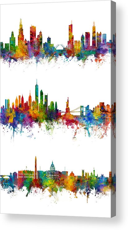 Chicago Acrylic Print featuring the digital art Chicago New York and Washington DC Skyline trio Skyline by Michael Tompsett
