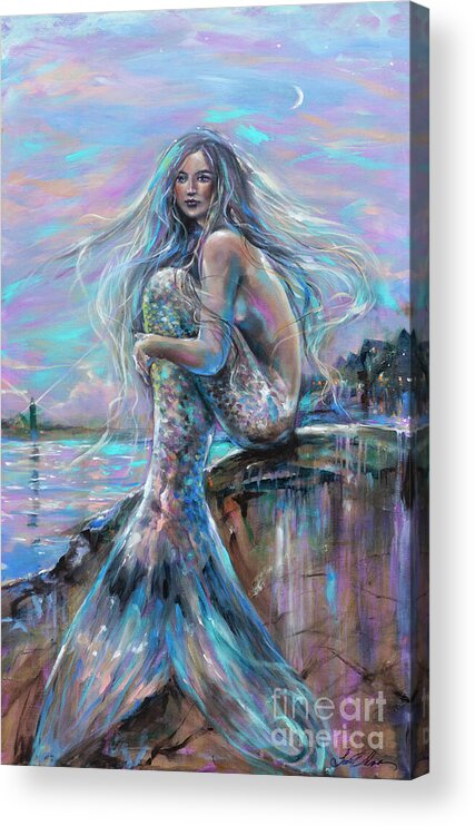 Mermaid Acrylic Print featuring the painting Lighthouse at Dusk by Linda Olsen