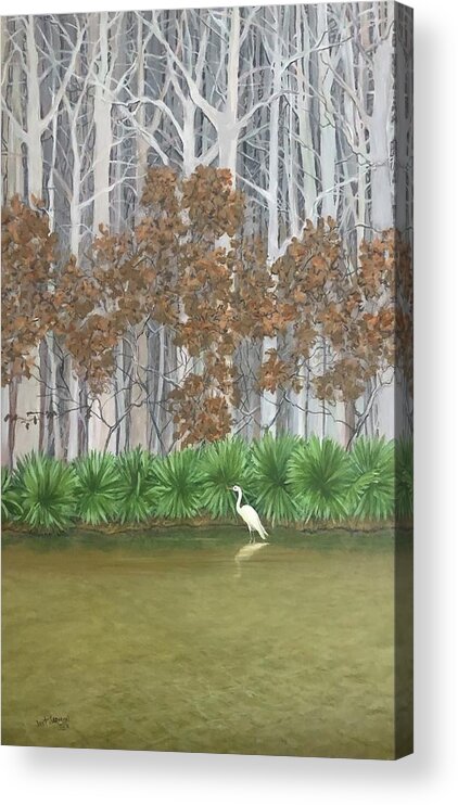 Trees Acrylic Print featuring the painting Egret on Tibbee Creek by Jeanette Jarmon
