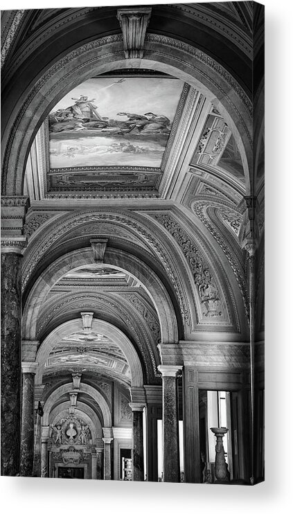 Vatican Architecture Acrylic Print featuring the photograph Vatican Arched Hallway in Black and White by Rebecca Herranen