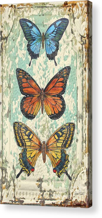 Acrylic Painting Acrylic Print featuring the painting Lovely Butterfly Trio on Tin Tile by Jean Plout