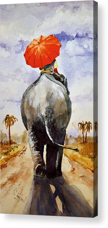 Elephant Acrylic Print featuring the painting The red umbrella by Steven Ponsford