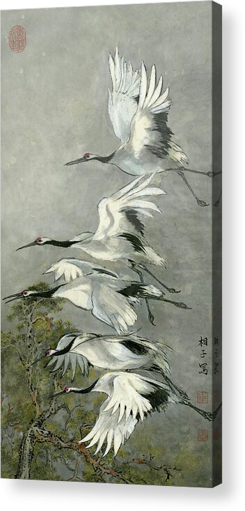 Cranes Acrylic Print featuring the painting Cranes - 1 by River Han