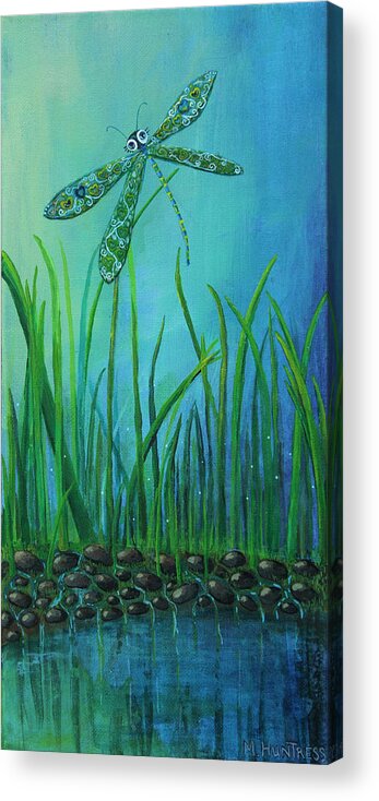 Dragon Fly Acrylic Print featuring the painting Dragonfly at the Bay by Mindy Huntress