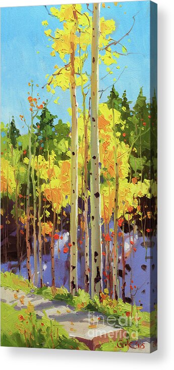Autumn Aspen Forest Covered In Early Snow Southwestern Rocky Mountain Orange Leaves White Sliver Bark Aspen Trunks Wildflowers Foreground Along Grasses Aspen Trees Golden Yellow Vibrant Colorful Autumn Tree Foliage Giclee Print Landscape Wildflower Elk Mountains Maroon Peak Forest Nature Woods Flowers Trees Summer Spring Flowers Tree Canopy Vibrant Vivid Colorful Colourful Gary Kim Fineart Original Oil Painting Landscape Oil Painting Contemporary Acrylic Print featuring the painting Golden Aspen in early snow by Gary Kim