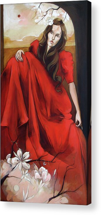 Magnolia Acrylic Print featuring the painting Magnolia's Red Dress by Jacqueline Hudson