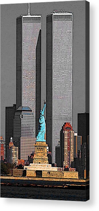 New+york Acrylic Print featuring the drawing New York 911 Memory - Twin Towers and Statue of Liberty by Peter Potter