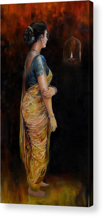 Woman In Sari Acrylic Print featuring the painting The first Diwali by Parag Pendharkar