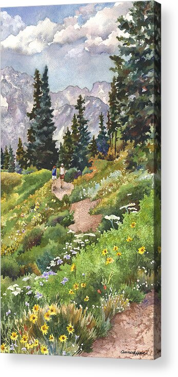 Colorado Hiking Trail Painting Acrylic Print featuring the painting Two Hikers by Anne Gifford