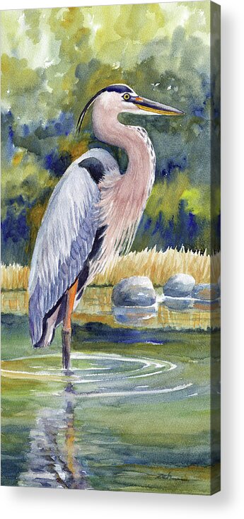 Heron Acrylic Print featuring the painting Great Blue Heron in a Stream II by Janet Zeh