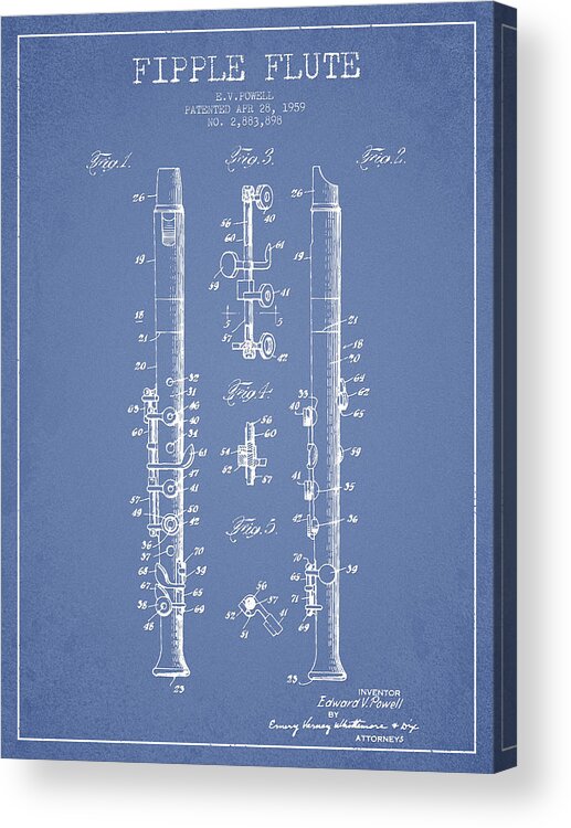 Flute Acrylic Print featuring the digital art Fipple Flute Patent drawing from 1959 - Light Blue by Aged Pixel