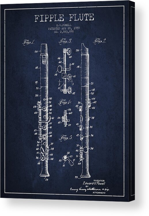 Flute Acrylic Print featuring the digital art Fipple Flute Patent drawing from 1959 - Navy Blue by Aged Pixel