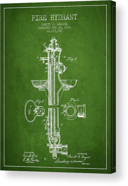 Fireman Acrylic Print featuring the digital art Fire Hydrant Patent from 1876 - Green by Aged Pixel