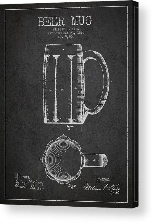 Beer Mug Acrylic Print featuring the digital art Beer Mug Patent from 1876 - Dark by Aged Pixel