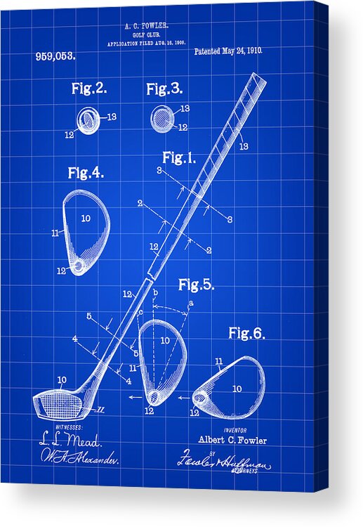 Golf Acrylic Print featuring the digital art Golf Club Patent 1909 - Blue by Stephen Younts