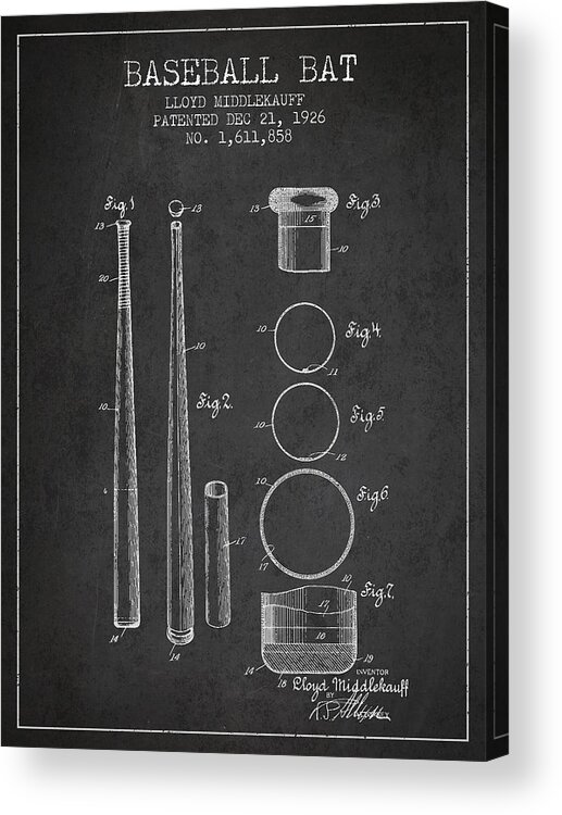 Baseball Bat Acrylic Print featuring the digital art Vintage Baseball Bat Patent from 1926 #2 by Aged Pixel