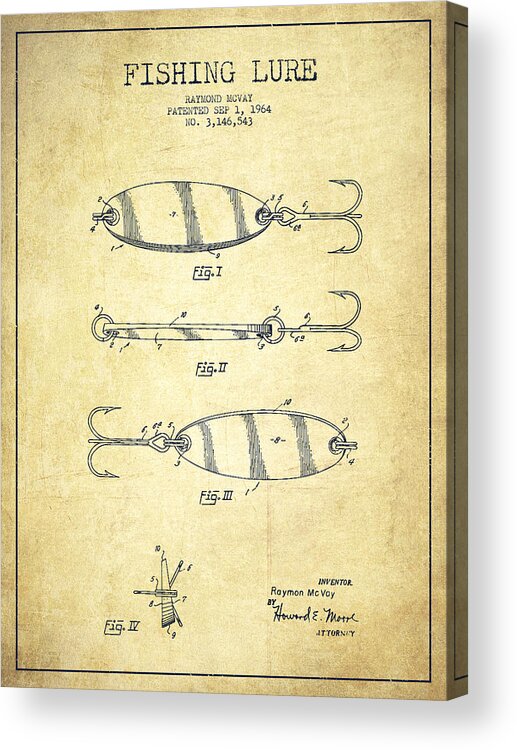 Fishing Tackle Acrylic Print featuring the drawing Vintage Fishing Lure Patent Drawing from 1964 #6 by Aged Pixel