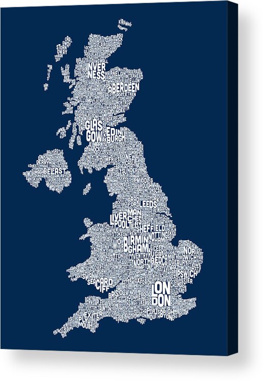 United Kingdom Acrylic Print featuring the digital art Great Britain UK City Text Map #17 by Michael Tompsett