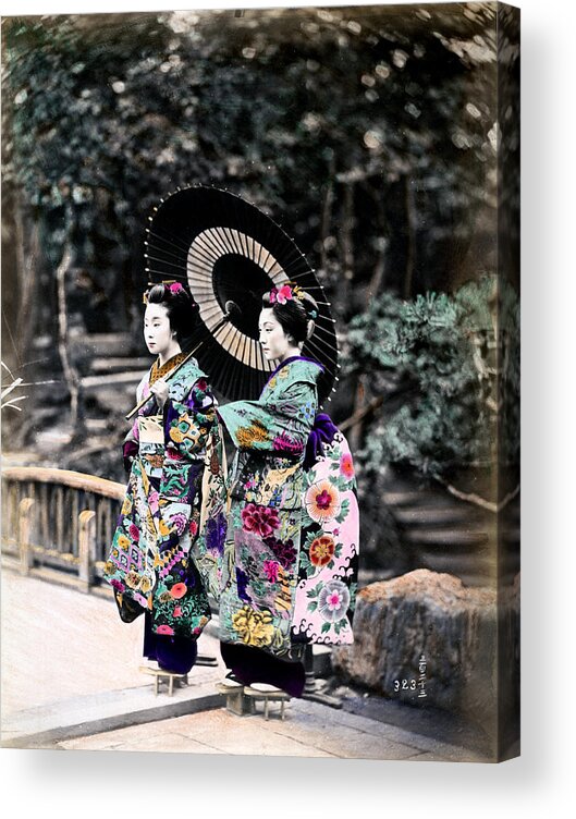 Retro Acrylic Print featuring the photograph 1870 Two Geisha Girls under Umbrella by Historic Image