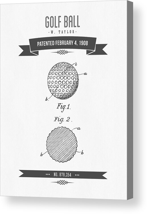 Golf Acrylic Print featuring the digital art 1908 Taylor Golf Ball Patent Drawing - Retro Gray by Aged Pixel