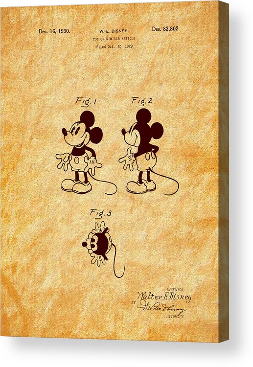 Mickey Mouse Acrylic Print featuring the photograph 1930 Mickey Mouse Toy Patent Art by Barry Jones