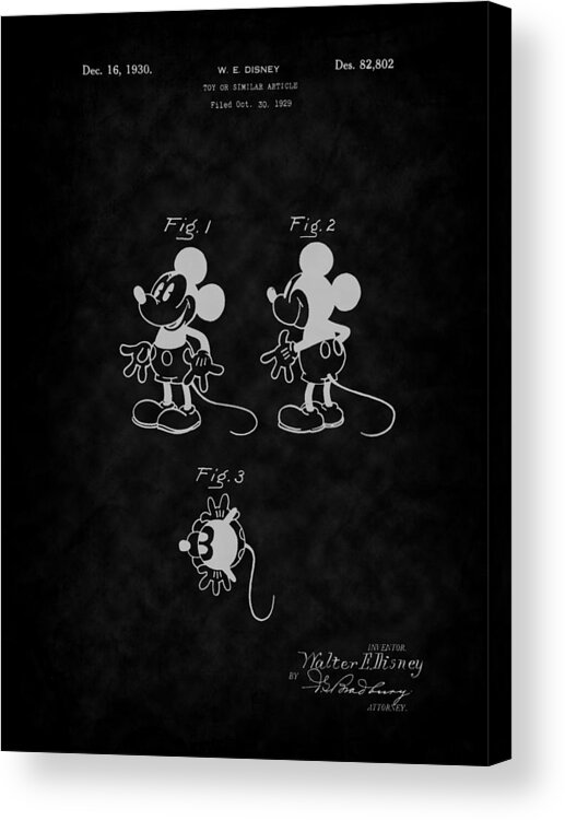 Mickey Mouse Acrylic Print featuring the digital art 1930 Mickey Mouse Toy Patent Art-BK by Barry Jones