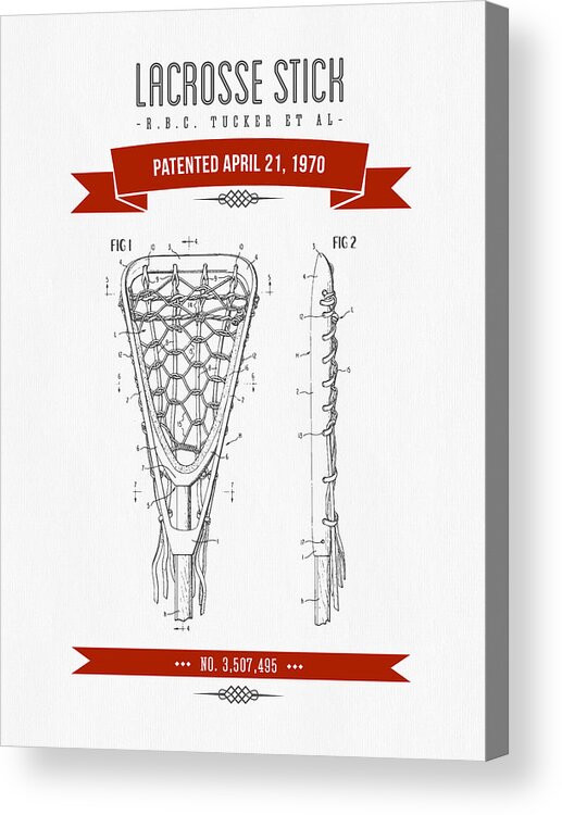 Lacrosse Acrylic Print featuring the digital art 1970 Lacrosse Stick Patent Drawing - Retro Red by Aged Pixel