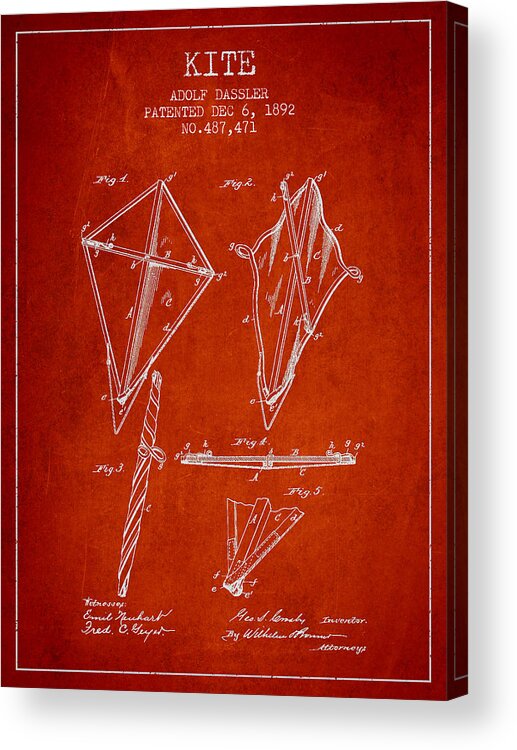 Kite Acrylic Print featuring the digital art Kite Patent from 1892 #3 by Aged Pixel